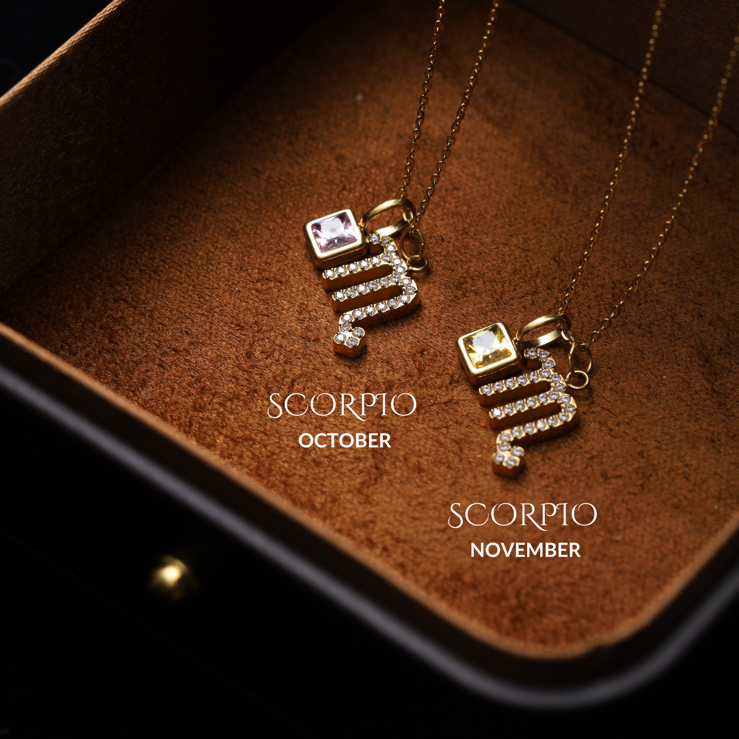 Scorpio Zodiac Necklace – Gold-Plated, Adjustable 18" Chain, Custom Birthstone Pairing