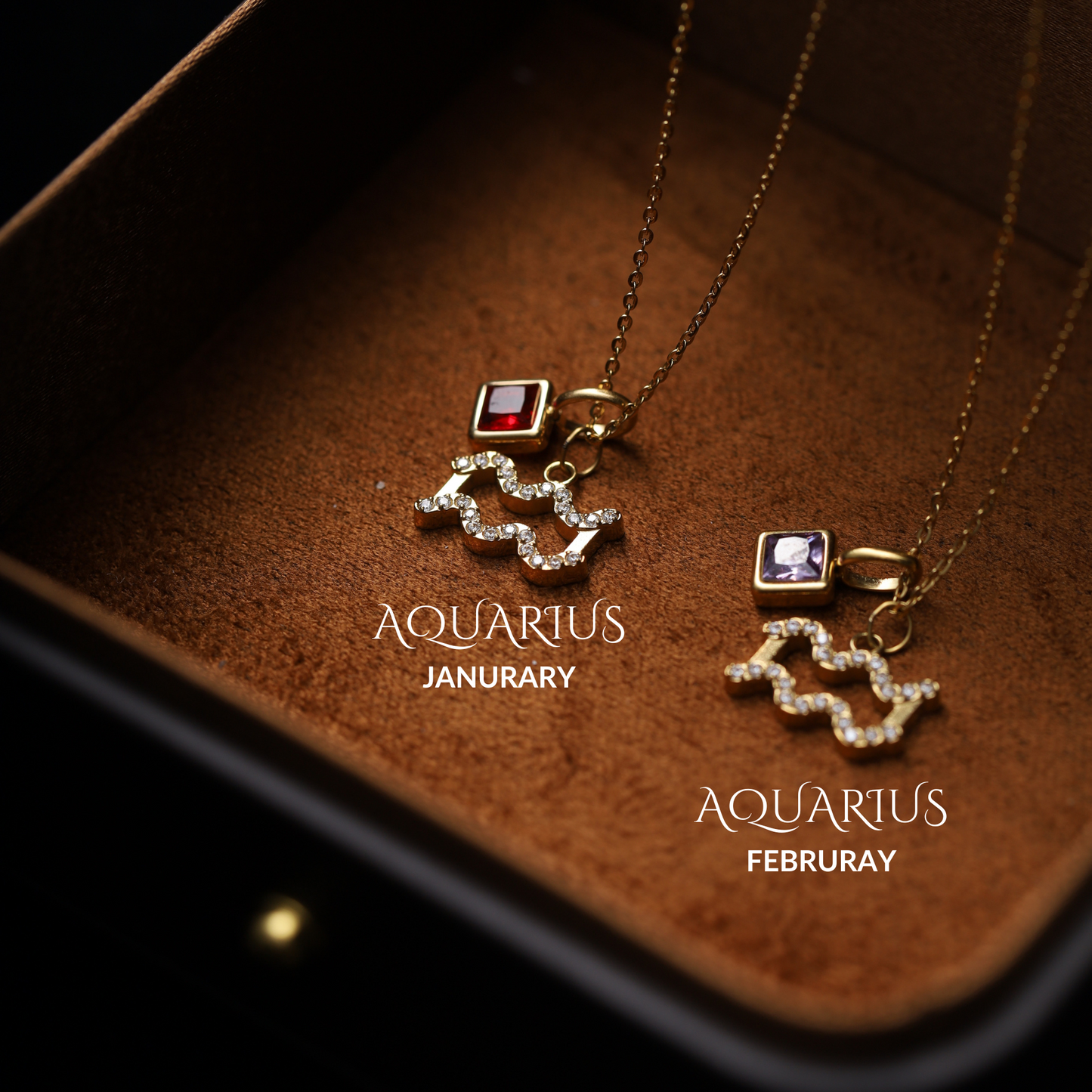 Aquarius Zodiac Necklace – Gold-Plated, Adjustable 18" Chain, Custom Birthstone Pairing
