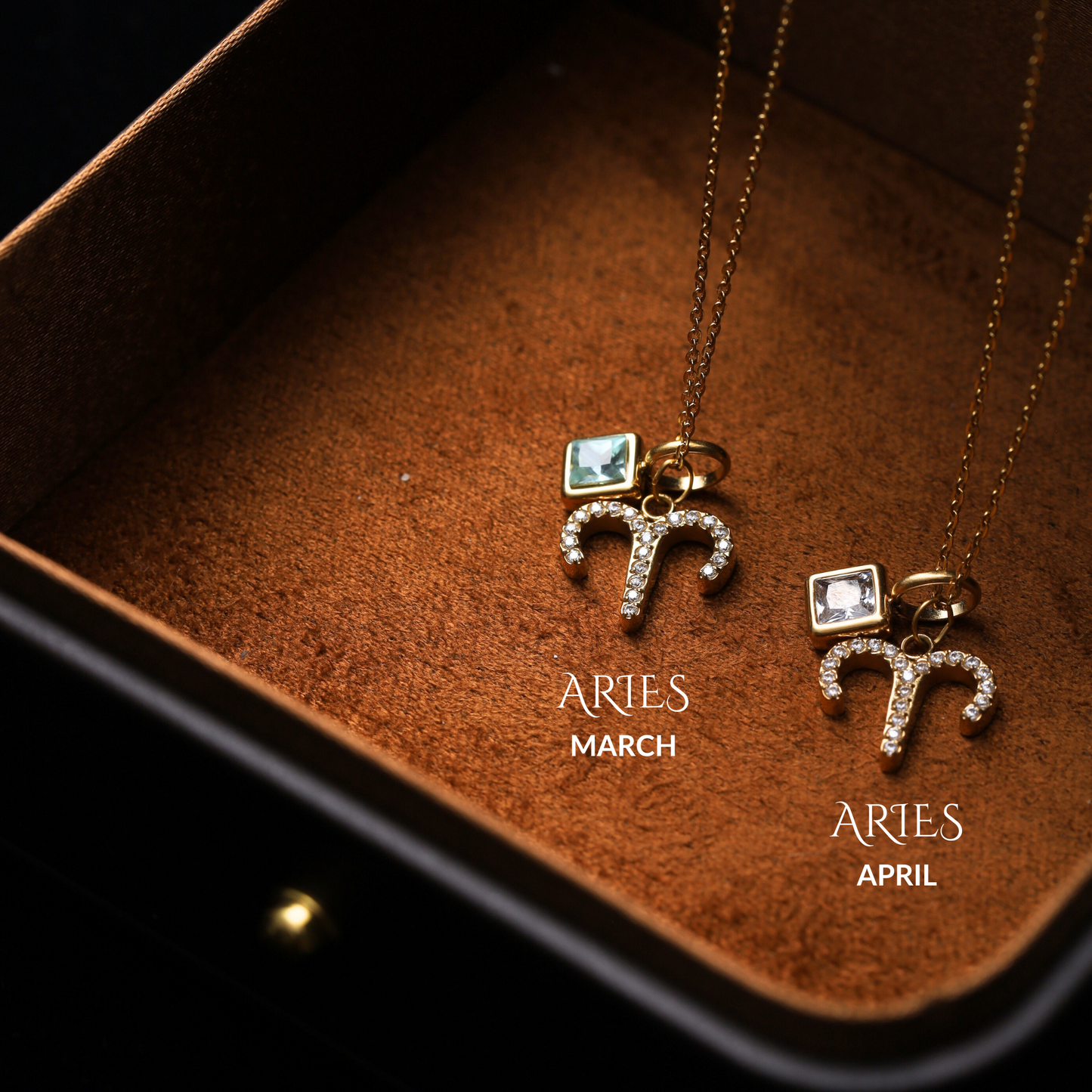 Aries Zodiac Necklace – Gold-Plated, Adjustable 18" Chain, Custom Birthstone Pairing