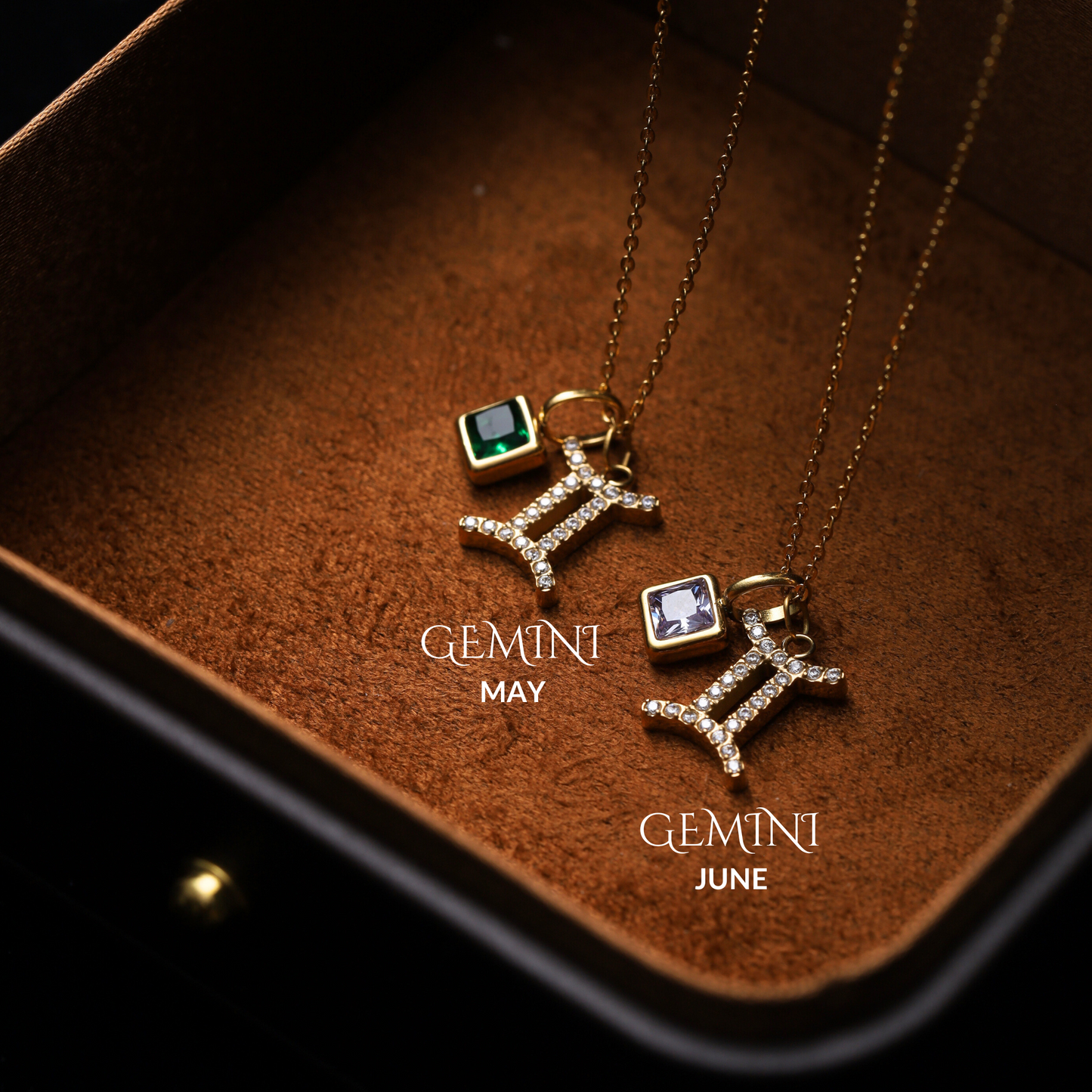 Gemini Necklace with birthstone on a vintage style jewelry box