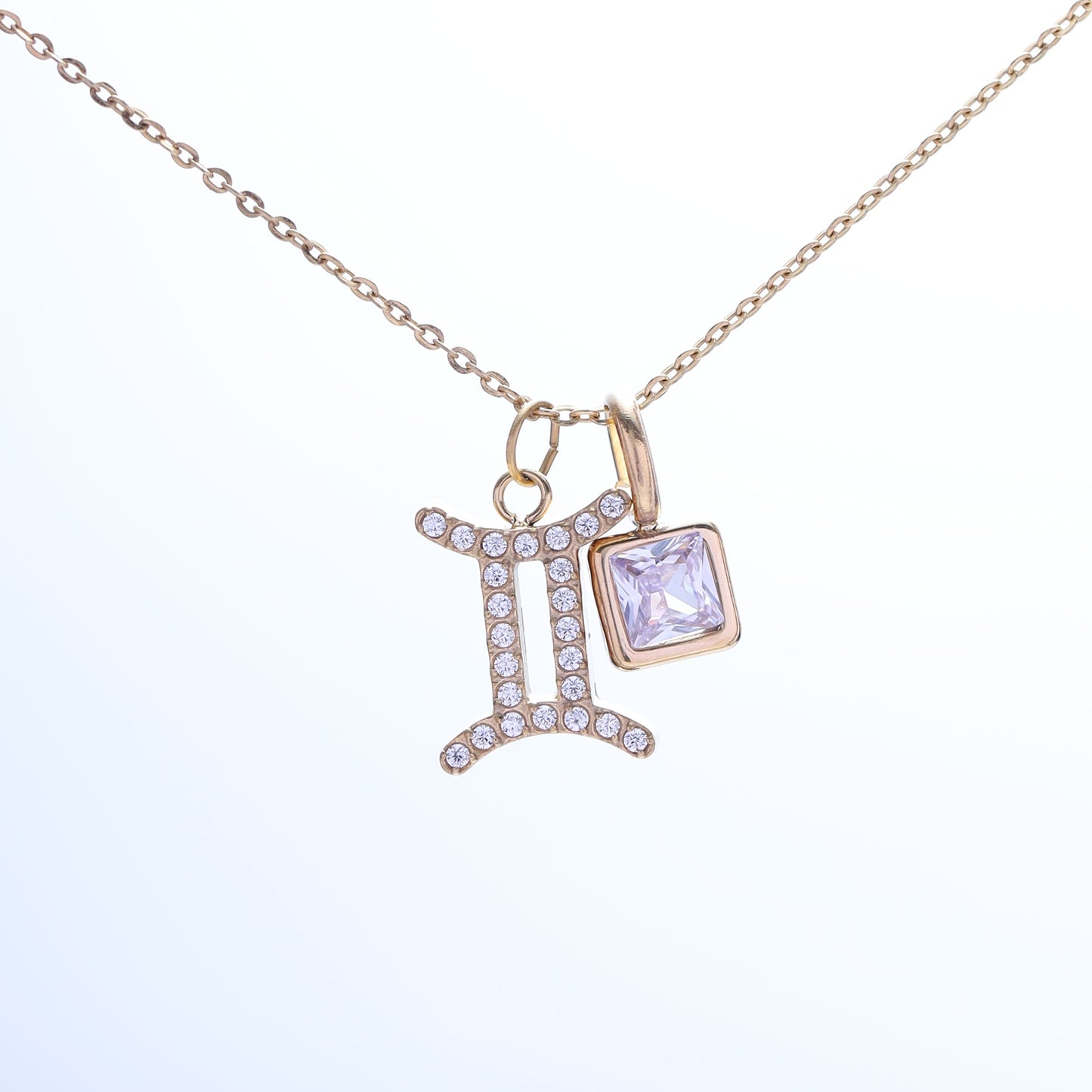 Gemini Zodiac Necklace – Gold-Plated, Adjustable 18" Chain, Custom Birthstone Pairing