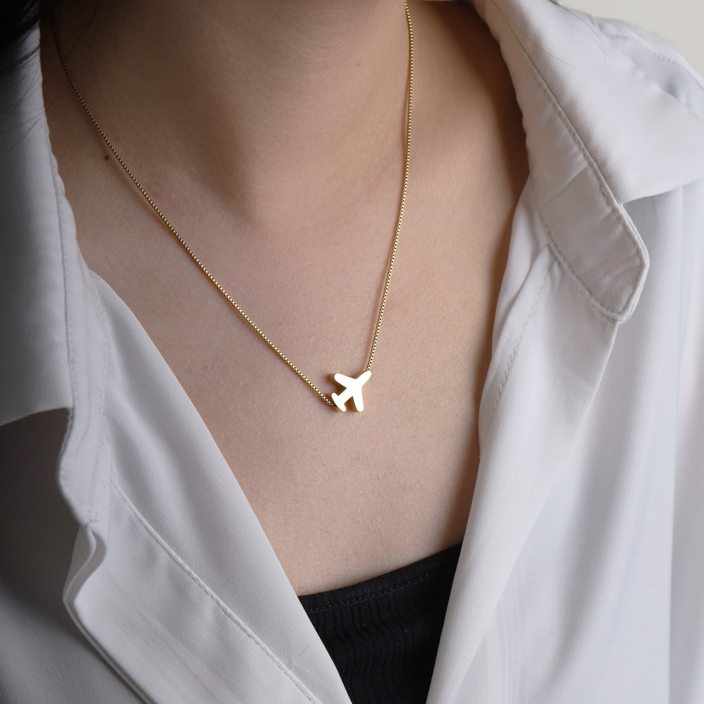 Minimalist Airplane Necklace – Gold Stainless Steel, Adjustable Sliding Chain