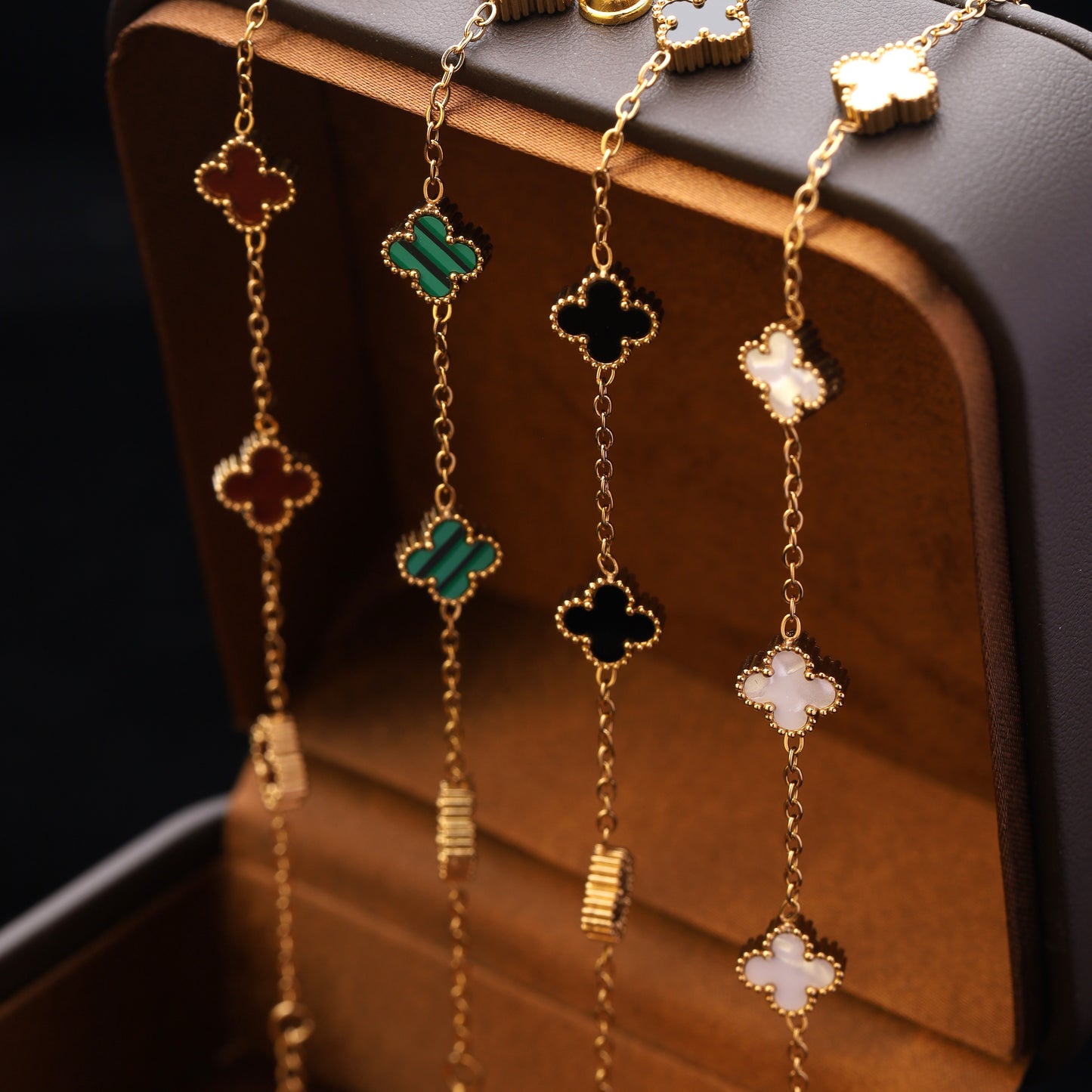 Gold-tone Stainless Steel Clover Charm Bracelet (Red, Malachite, White, Black)