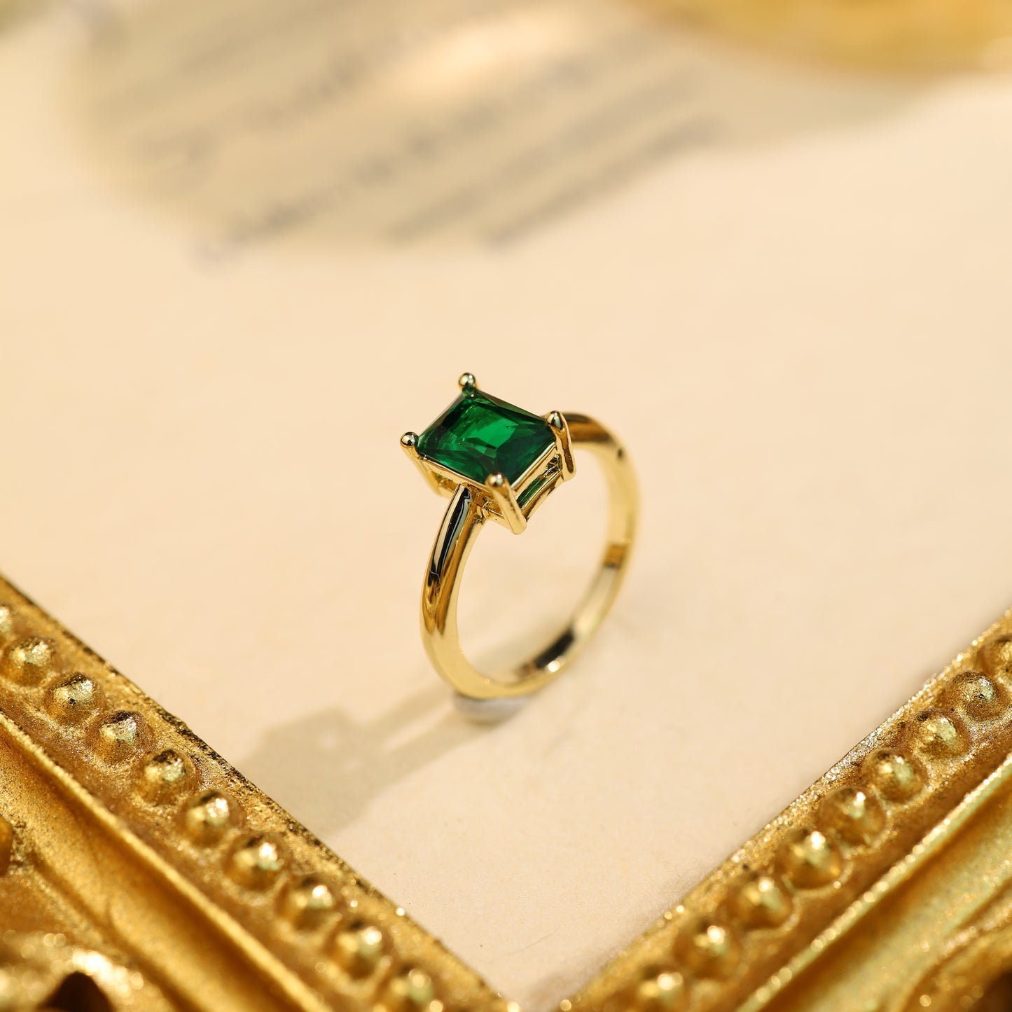 Gold-Plated Emerald Green Solitaire Ring – Cubic Zirconia Statement Ring