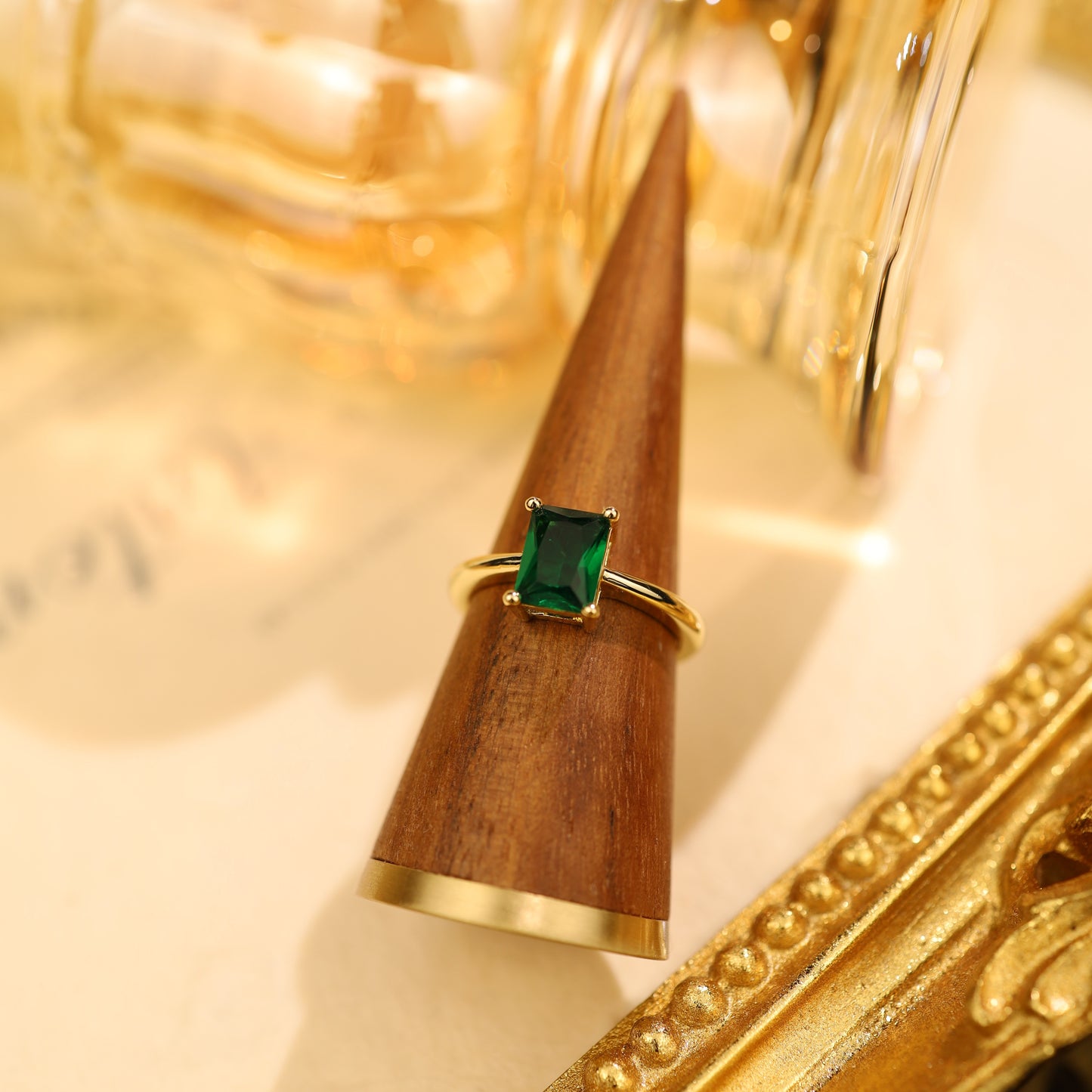 Gold-Plated Emerald Green Solitaire Ring – Cubic Zirconia Statement Ring