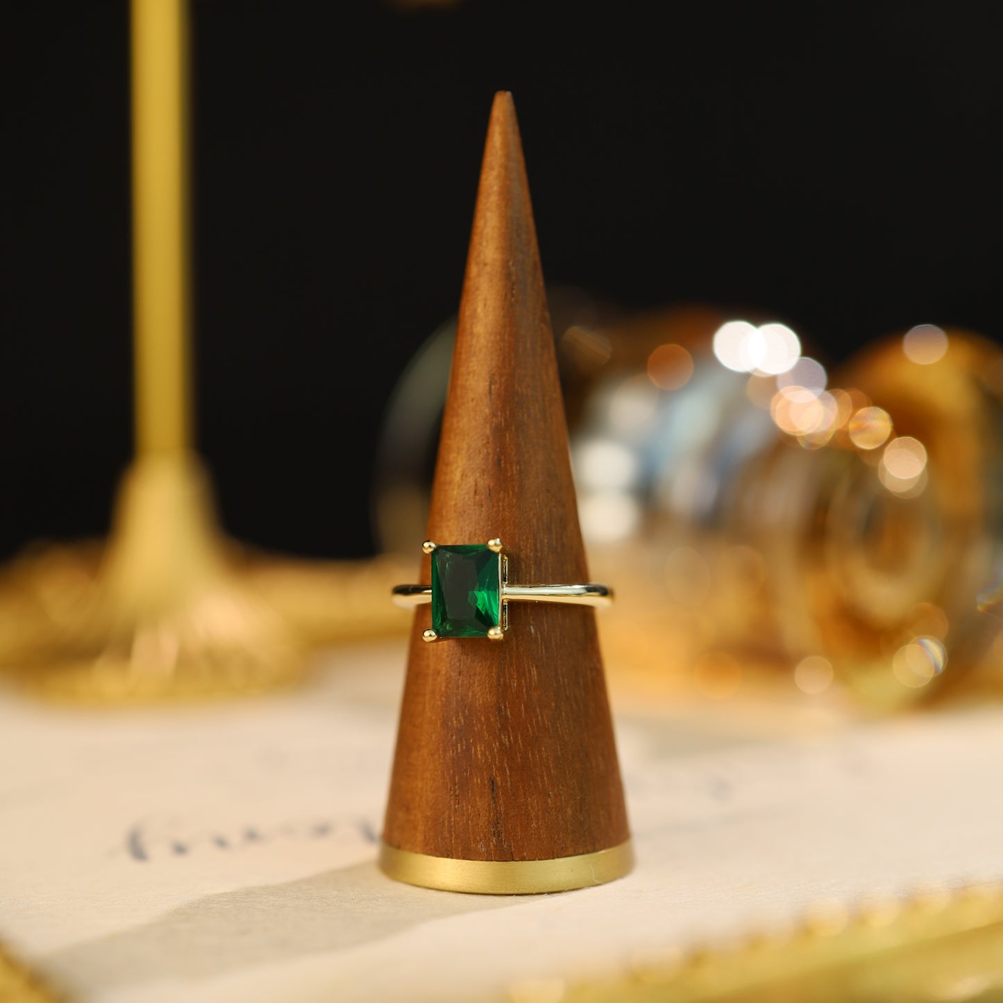 Gold-Plated Emerald Green Solitaire Ring – Cubic Zirconia Statement Ring