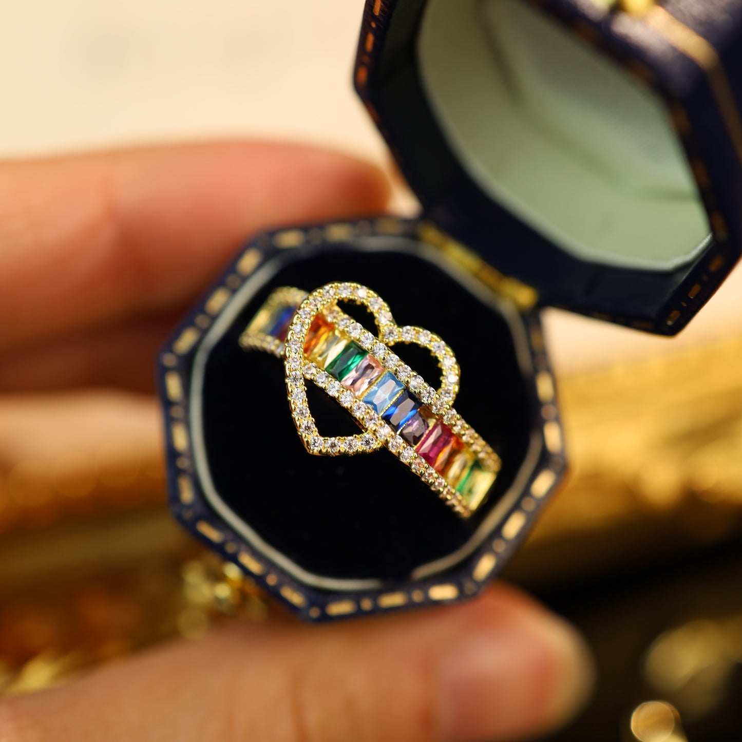 Gold-Plated Adjustable Heart Ring – Colorful Cubic Zirconia Band