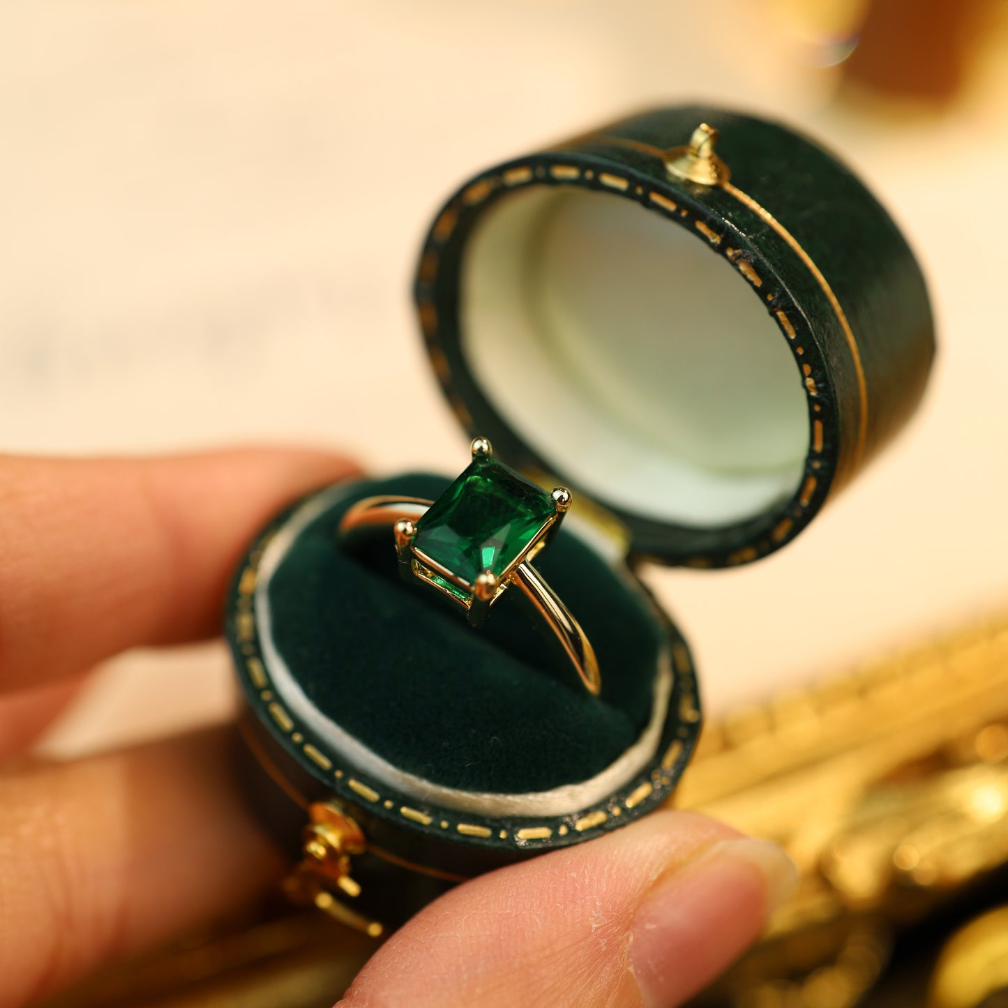 Gold-Plated Emerald Green Solitaire Ring – Cubic Zirconia Statement Ring