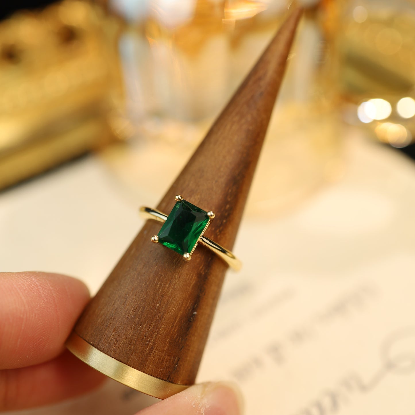 Gold-Plated Emerald Green Solitaire Ring – Cubic Zirconia Statement Ring
