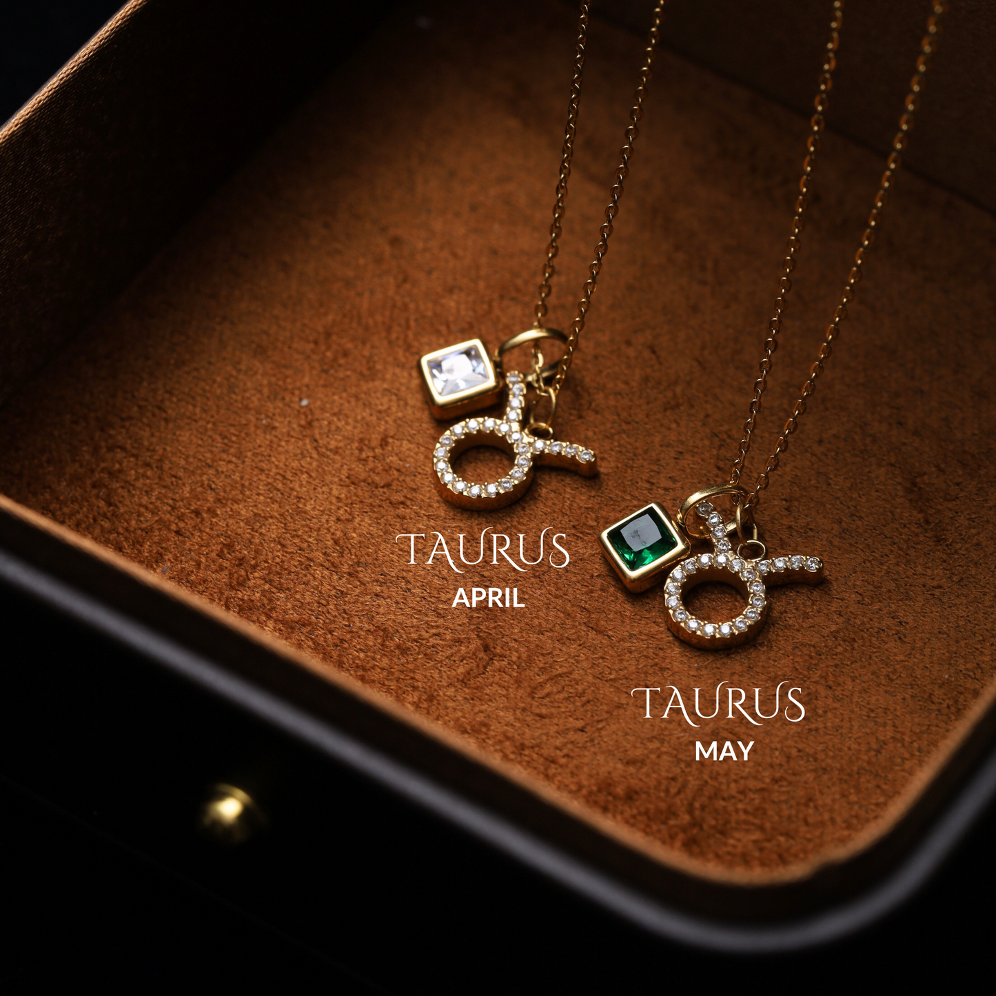 Taurus Necklace with birthstones on a vintage jewelry box
