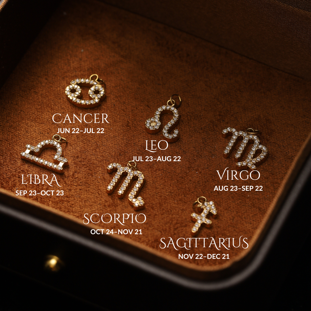 Zodiac Charms displayed on a vintage style box