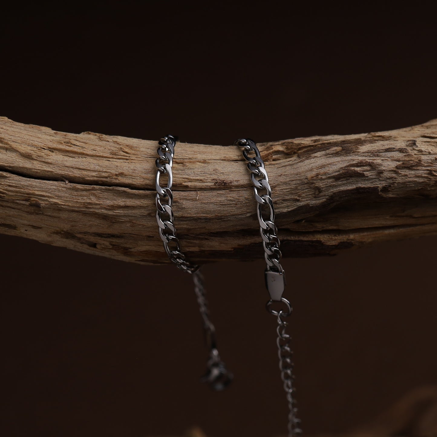 Stainless steel bracelet draped on a wooden branch.
