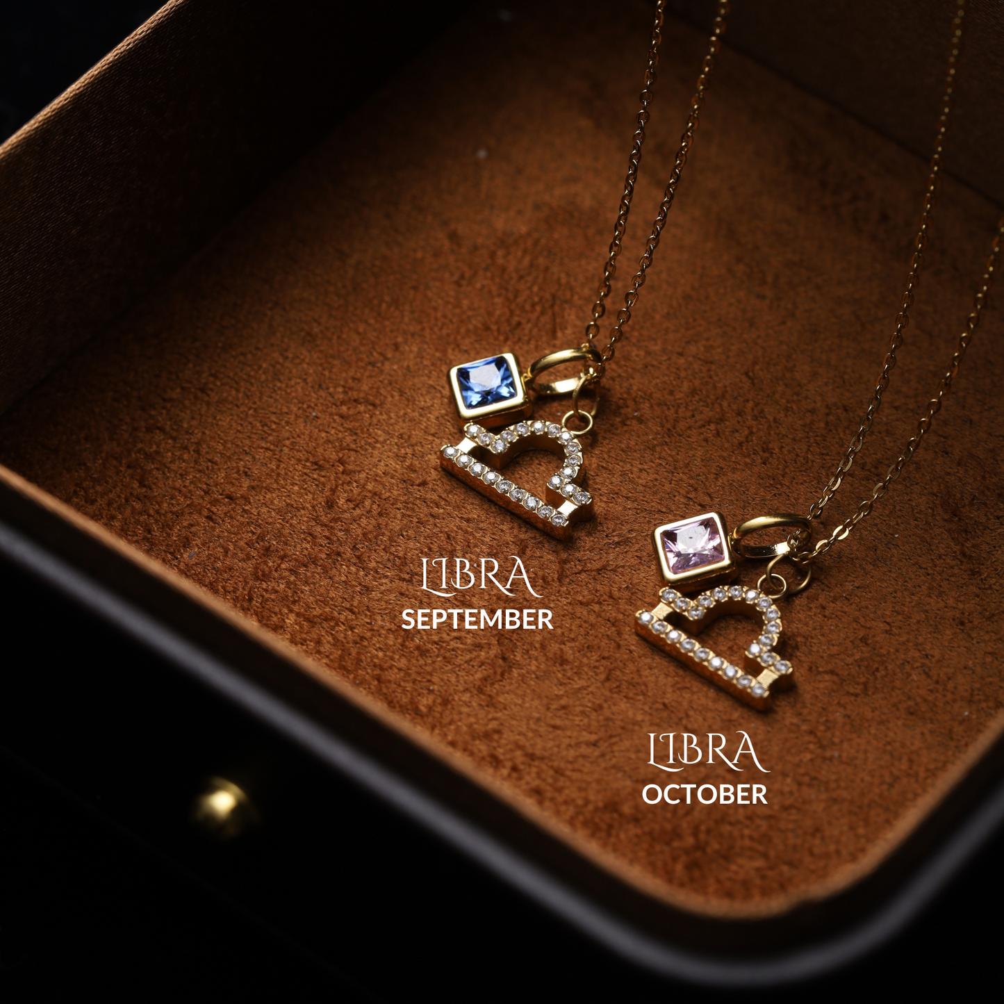 Luxury jewelry packaging showcasing the Libra zodiac necklace with September and October birthstones.